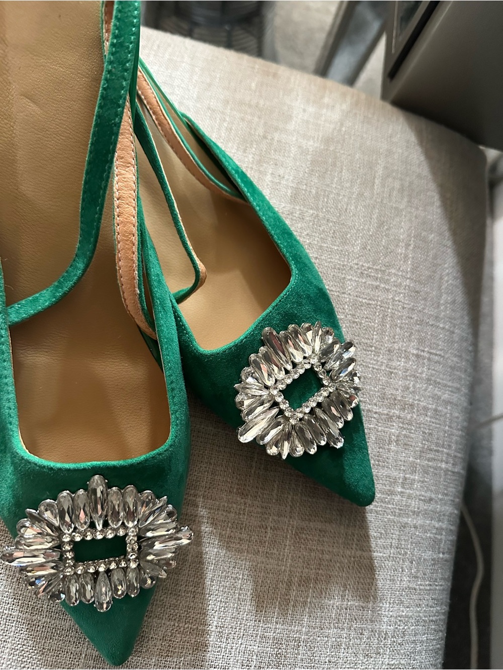Green Suede Pointed Slingback Mules with Crystal Embellishment - Picture 4 of 5